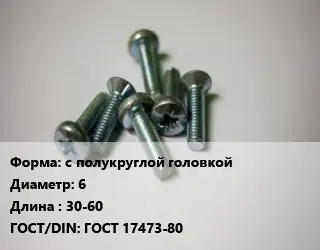 Винт с полукруглой головкой 6х30-60 ГОСТ 17473-80